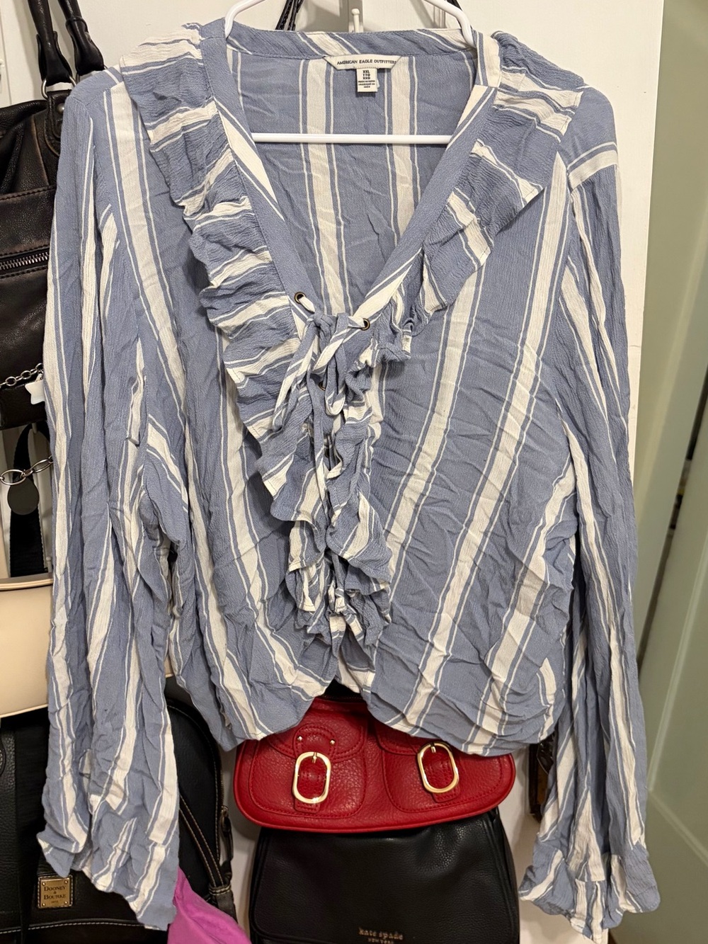 American Eagle Ruffled Lace-Up Striped Blouse - Blue & White